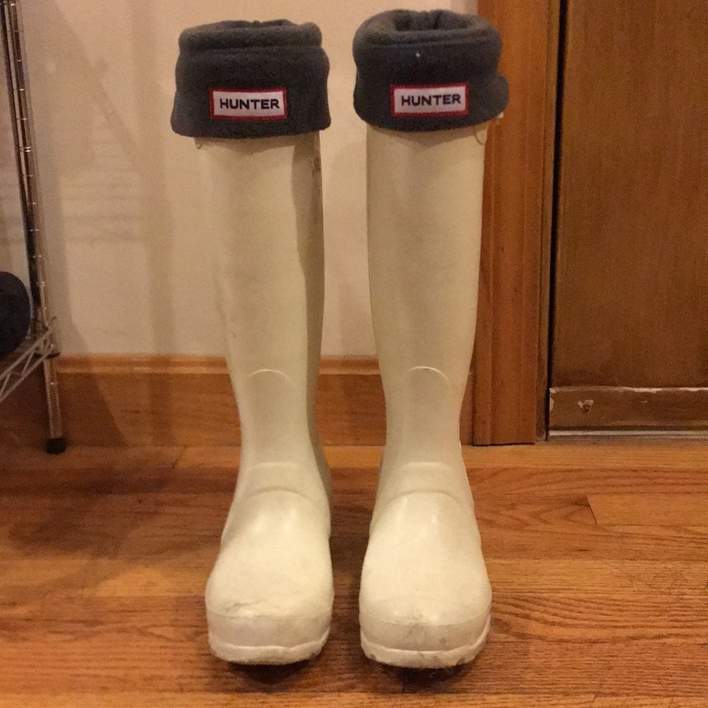 Tall White Hunter Boots with Grey Fleece Socks